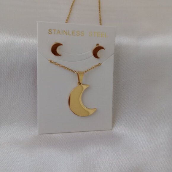 Gold Crescent Moon Jewelry Set — Stainless Steel Necklace & Dainty Stud Earrings - Picture 2 of 5